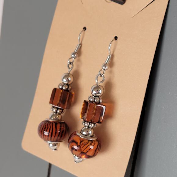 Brown Glass Bead Dangle Earrings Pierced Silver Tone Boho Drop Jewelry Gift Bag - Picture 6 of 12